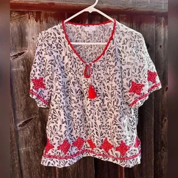 J. Jill Boho Pintucked Sketched Fern Peasant Top - Picture 5 of 7